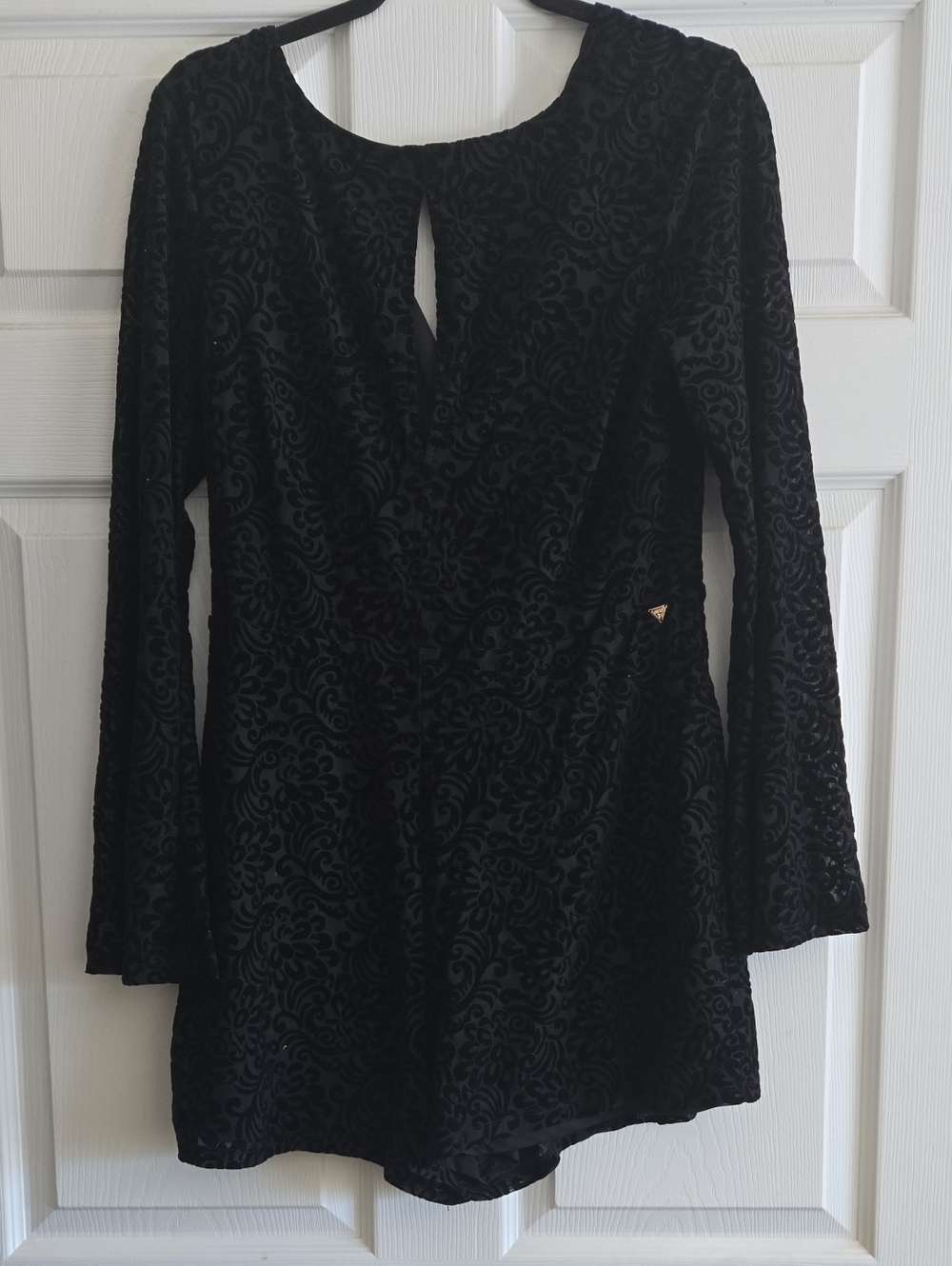 Guess Black Velvet Burnout Long-Sleeve Romper